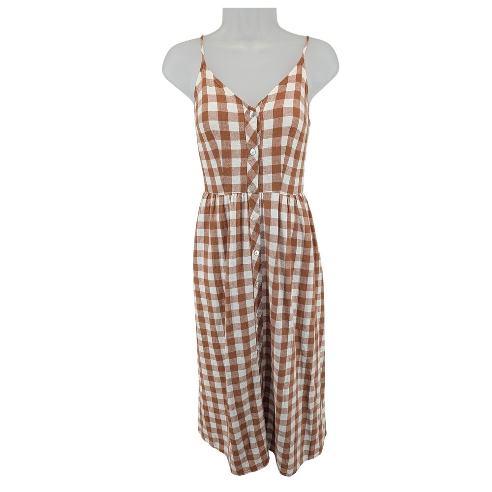 A New Day Brown Gingham Linen Blend Dress XS Smocked Back Prairie Cottagecore
